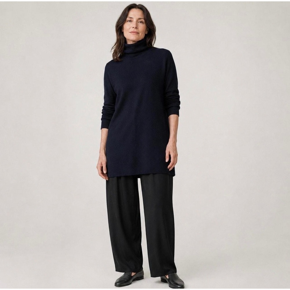 Eileen Fisher Black Tencel Lyocell Turtleneck Tunic Sweater Size M